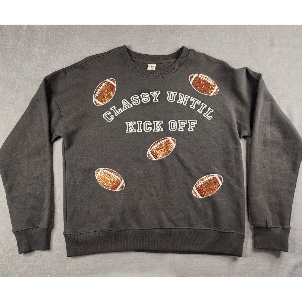Electric Pink Classy Until Kick Off Sequin Football Sweatshirt Gray Womens Sz M